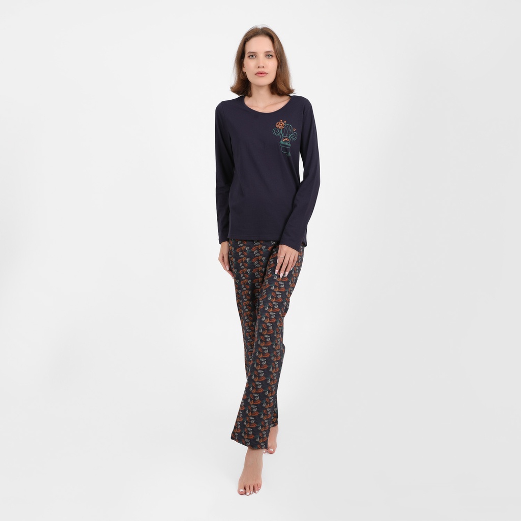 KONTAKT – Pyjama pour femme manches longues عنقني – Bleu Marine & Bleu Imprimé Plume