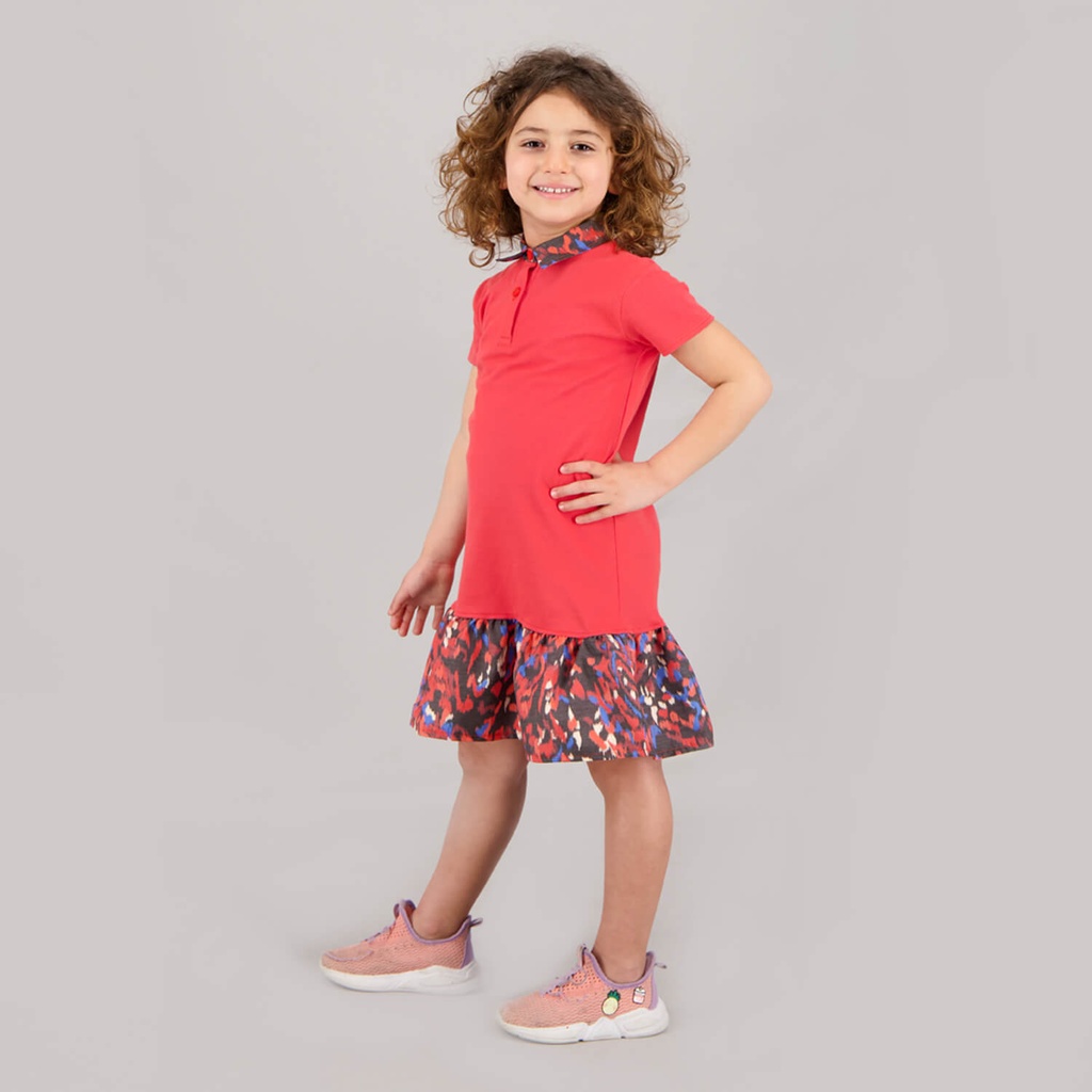 KONTAKT – Robe polo pour fille manches courtes avec volant – Orangé/Imprimé tache de couleur