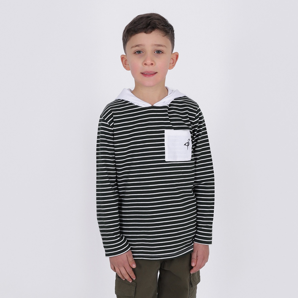KONTAKT – T-shirt pour garçon manches longues avec capuche et poche contrastés – Rayé Vert Blanc & Blanc