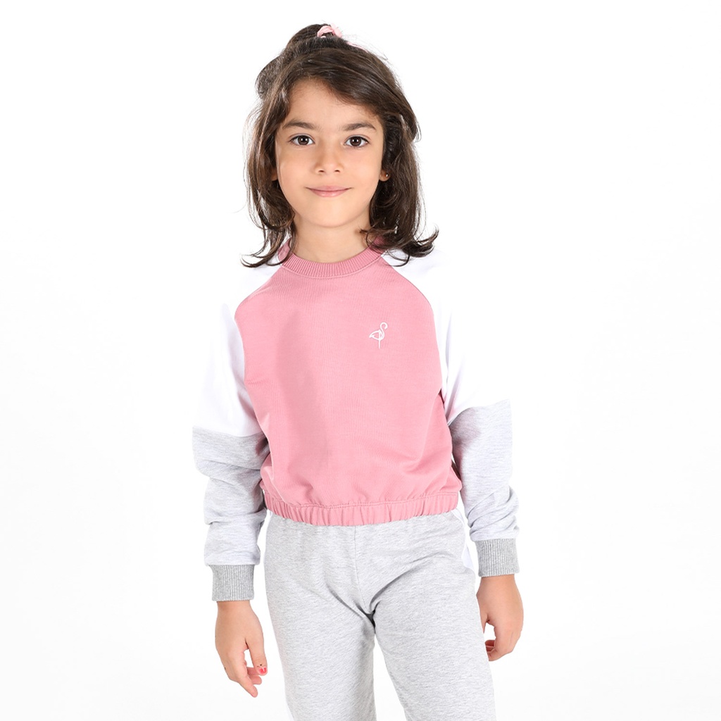 KONTAKT – Sweat crop pour fille manches raglan avec découpes et broderie – Rose Foncé & Gris Chiné & Blanc
