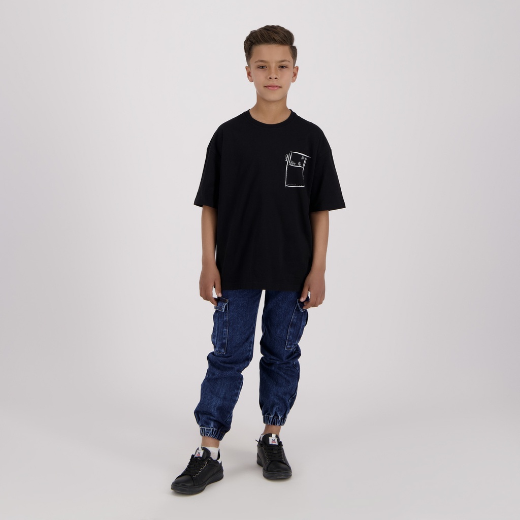 Kontakt Enfant – T-shirt oversized garçon manches courtes CROQUIS POCHE – Noir