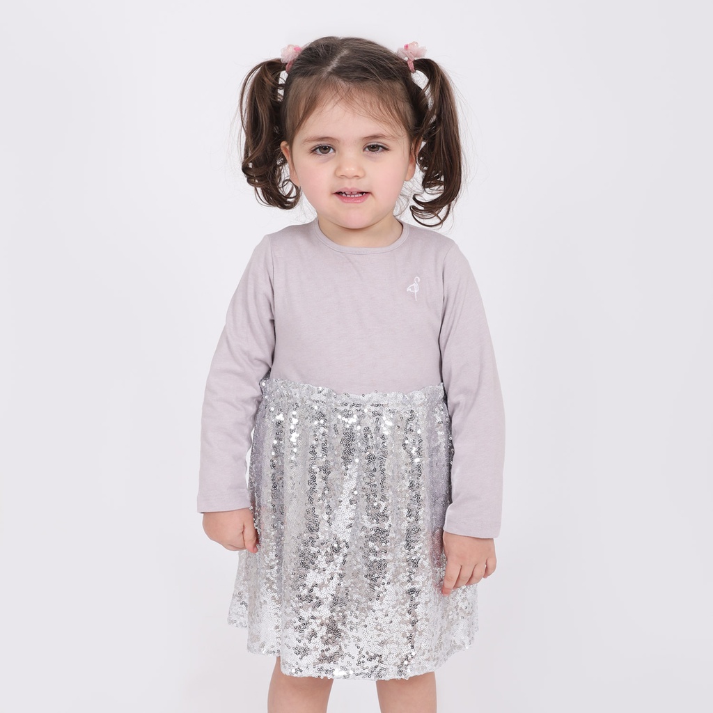 Kontakt Enfant -Robe bébé manches longues bi-matière avec tulle pailleté et broderie – Rose clair/Argent