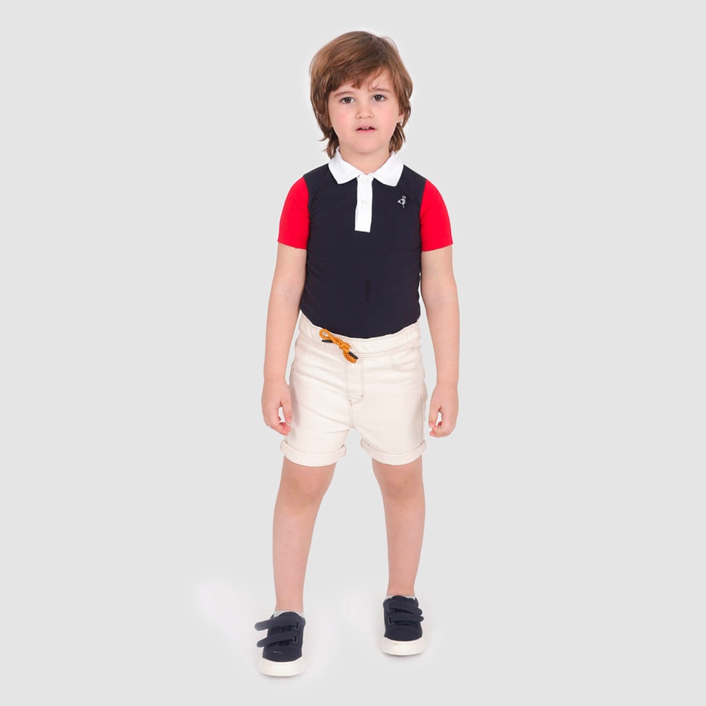 KONTAKT – Polo bébé body manches courtes contrastées avec broderie – Bleu Marine Rouge