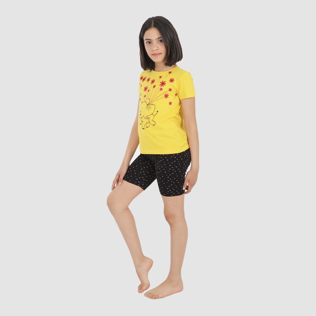 KONTAKT – Ensemble fille t-shirt manches courtes et cycliste ELEPHANT – Jaune & Noir imprimé Fleur