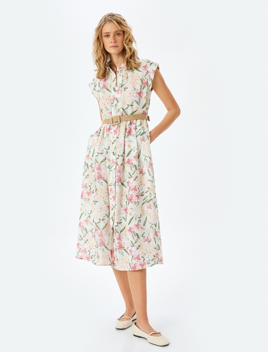 Koton- Robe mi-longue fleurie à col boutonné et ceinture avec poches – rose à motifs
