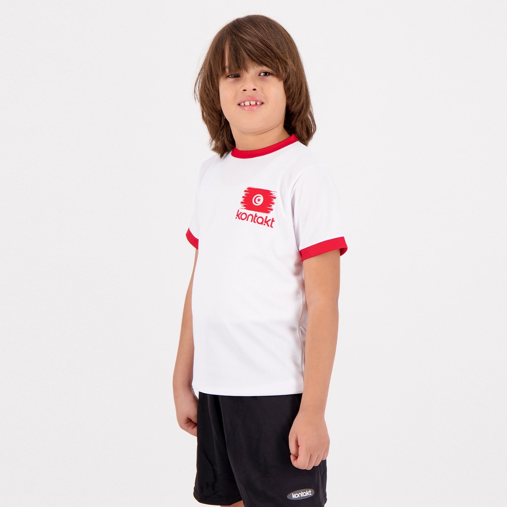 Kontakt – T-shirt unisexe enfant manches courtes الكابو – Blanc/Rouge