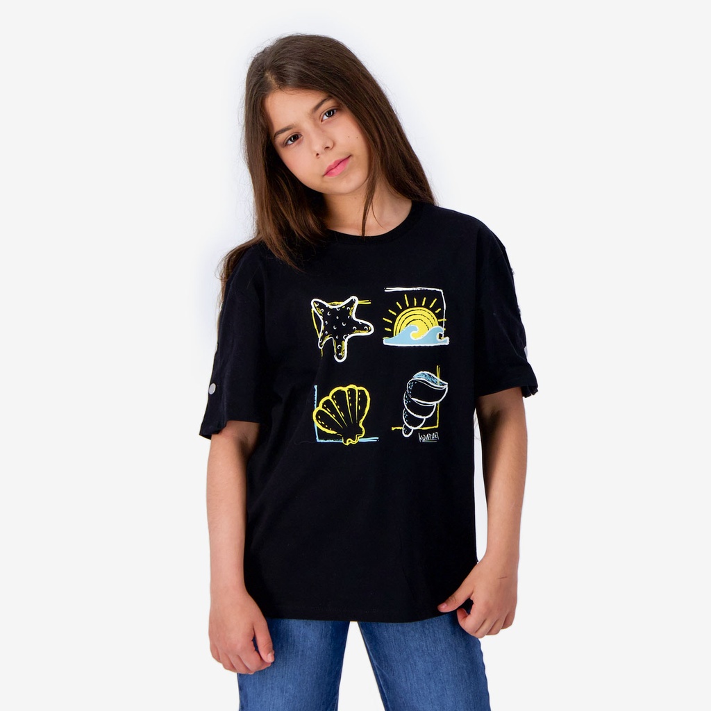 Kontakt – T-shirt fille manches courtes avec boutons pression COQUILLAGES – Noir