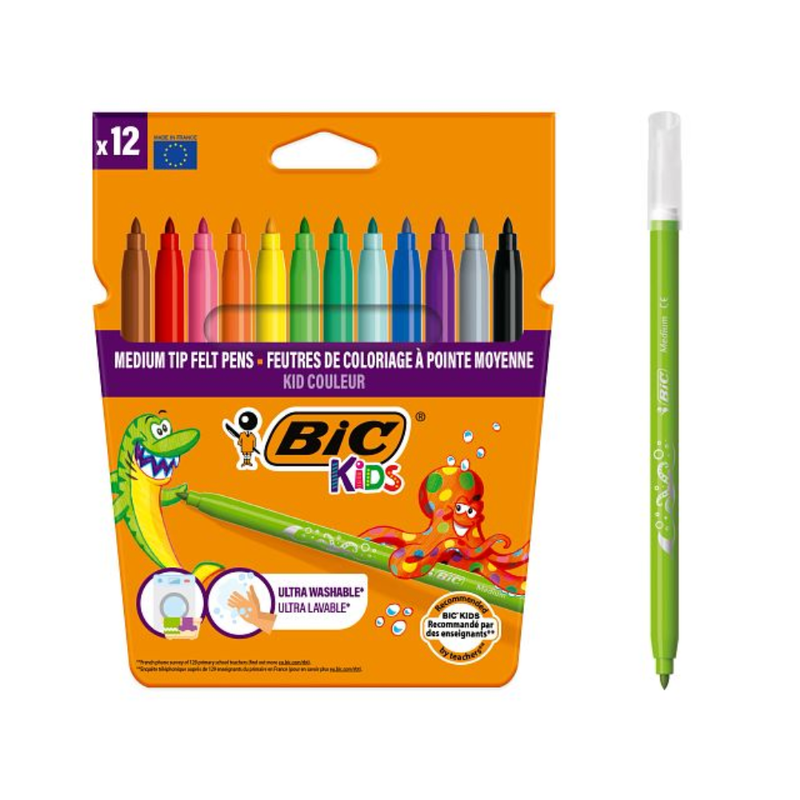 BIC – BIC Kids Kid Couleur Feutres de coloriage Pointe moyenne – Couleurs assorties, Pack de 12