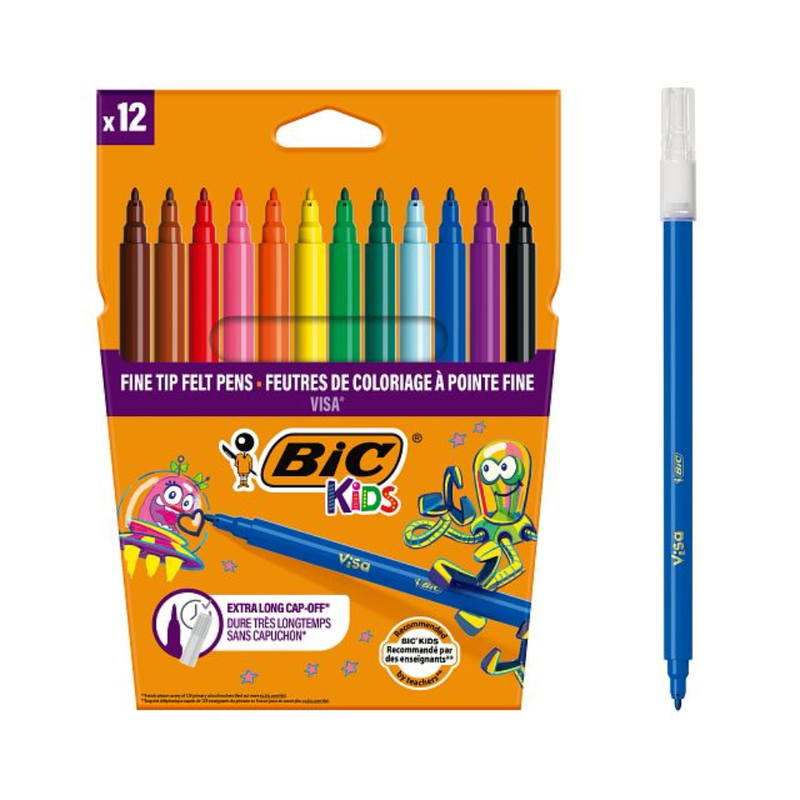 BIC – BIC Kids Visa Feutres de Coloriage à Pointe Fine – Couleurs Assorties, Pack de 12
