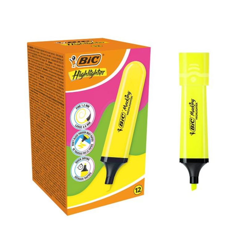 BIC – BIC Marking Flat Surligneurs avec Pointe Biseautée Modulable – Jaune Fluo, Pack de 12