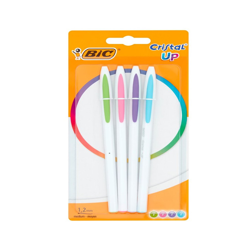 BIC – BIC Cristal Up Stylo-Bille Pointe Moyenne, Couleurs Fantaisies Assorties, Blister de 4
