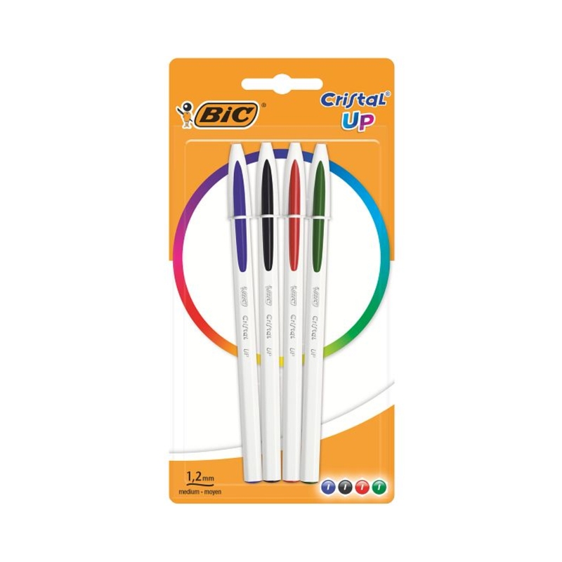 BIC – BIC Cristal Up Stylo-Bille Pointe Moyenne, Couleurs Assorties, Blister de 4