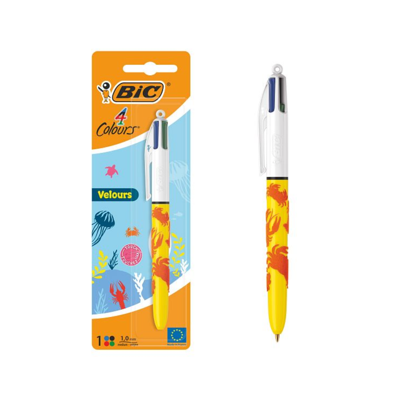 BIC – BIC 4 Couleurs Velours Stylo-Bille Rétractables Pointe Moyenne Blister de 1