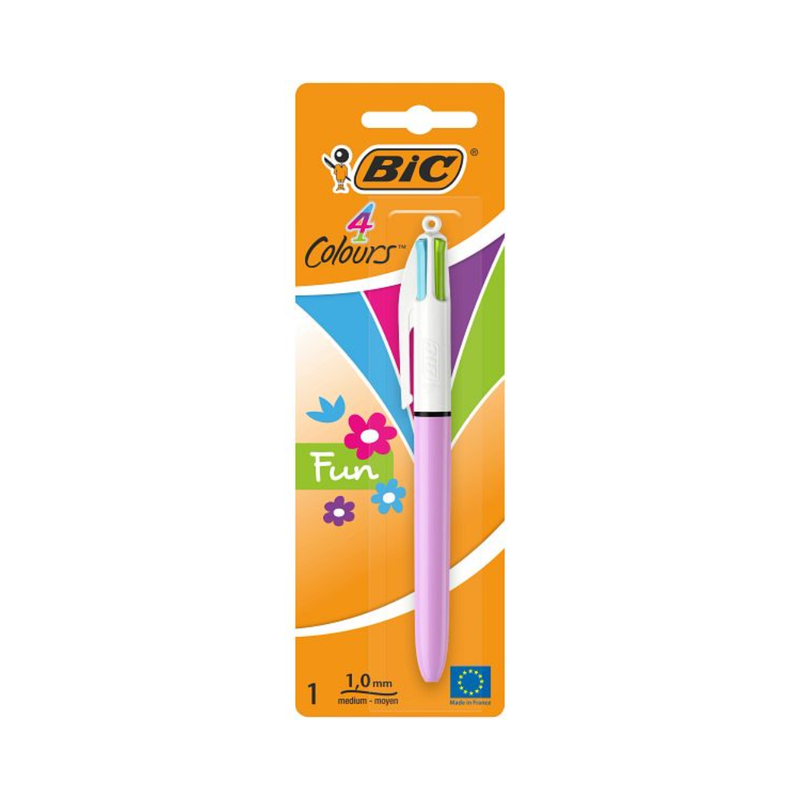 BIC – BIC 4 Couleurs Fun Stylos-Bille Rétractables Pointe Moyenne Blister de 1