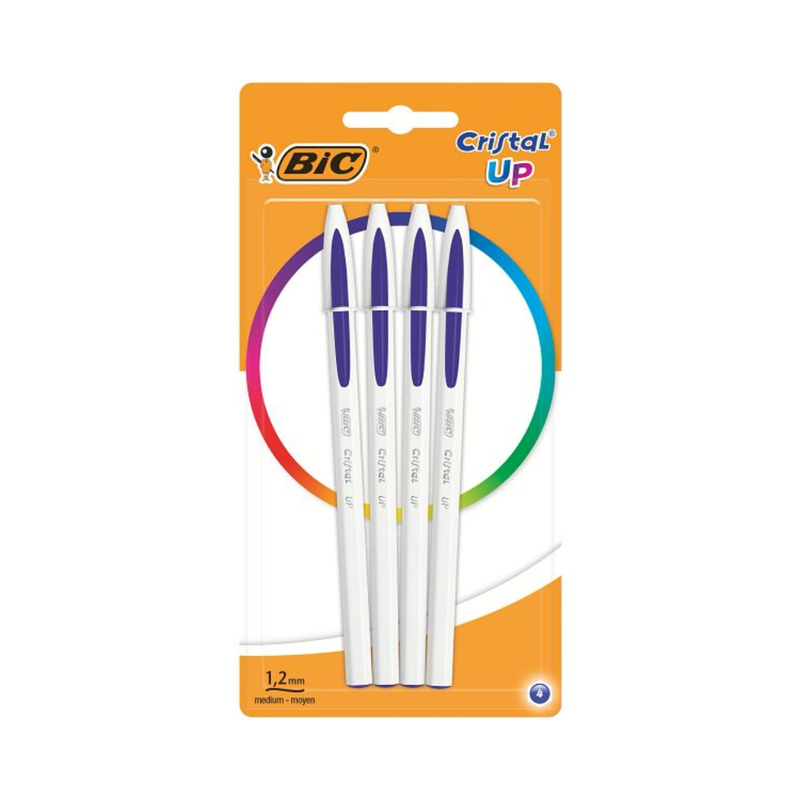 BIC – BIC Cristal Up Stylo-Bille Pointe Moyenne, Couleur Bleue, Blister de 4