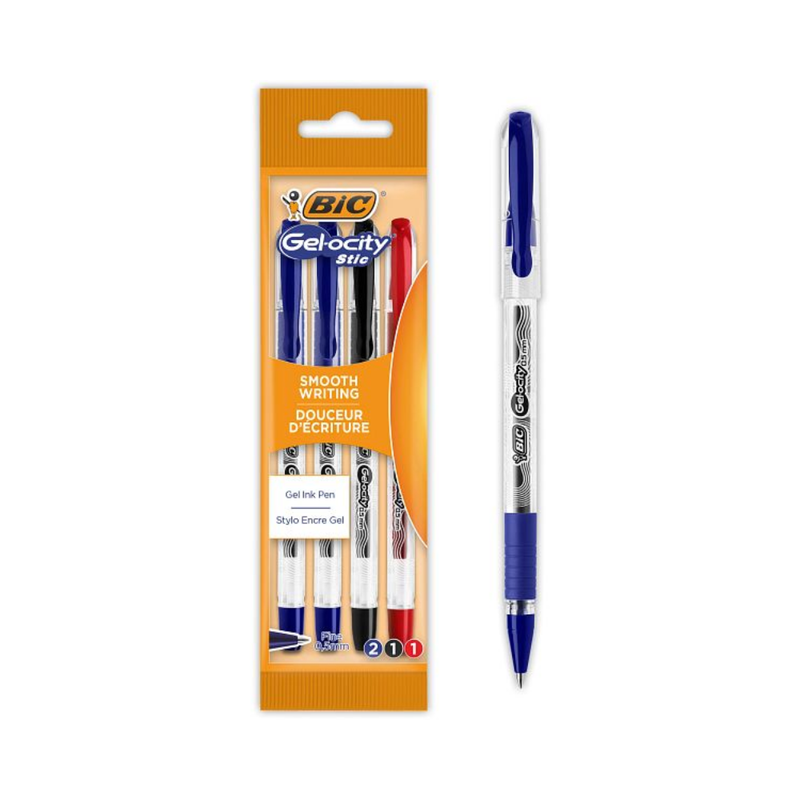 BIC – BIC Gel-ocity Stic Stylos Gel Pointe Fine (0,5 mm) – Couleurs Assorties, Pochette de 4