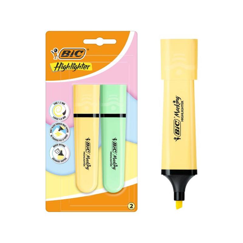 BIC – BIC Surligneur Marking Flat Pointe Biseautée Modulable, Jaune et Vert Fluo, Pack de 2