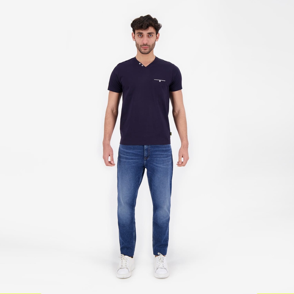 Kontakt – T-shirt homme manches courtes col tunisien et poche passepoilée – Bleu Marine