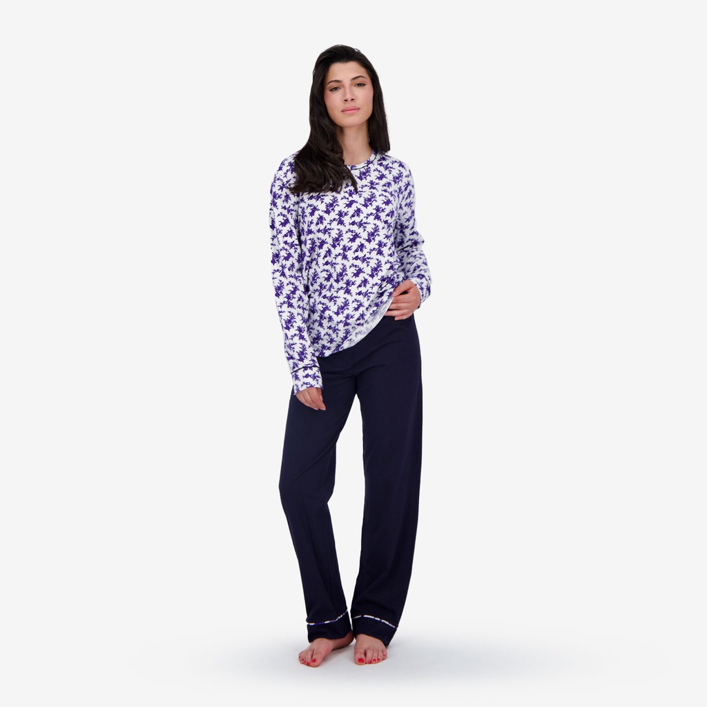 Kontakt – Pyjama femme manches longues avec patte boutonnée – Bleu Marine & Imprimé Rose Bleu