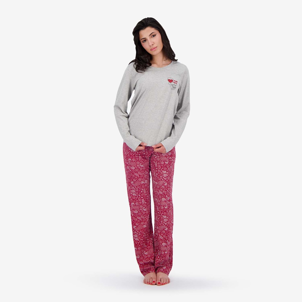 Kontakt – Pyjama femme Manches Longues self care كون كيما إنت – Gris & Rouge Imprimé Paisy