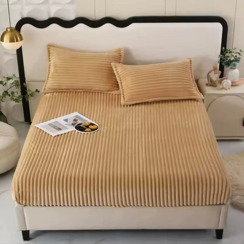 CASA NOVA – Draps housse polaire 3 pièces à rayures 200x160cm Beige