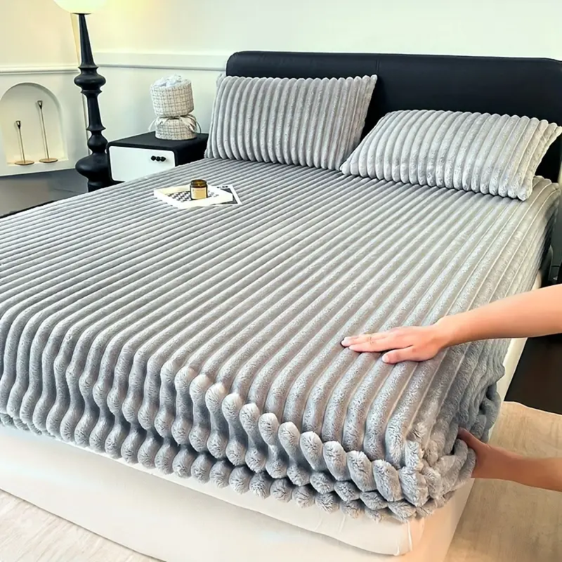 CASA NOVA - Draps housse polaire 3 pièces à rayures 200x160cm Gris 2