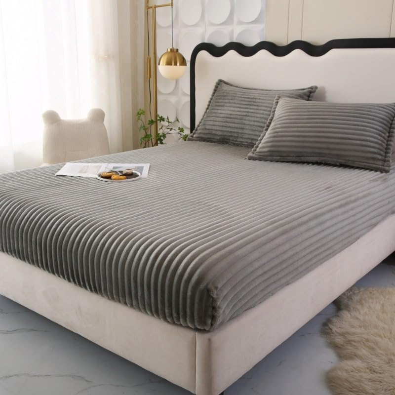 CASA NOVA - Draps housse polaire 3 pièces à rayures 200x160cm Gris 3