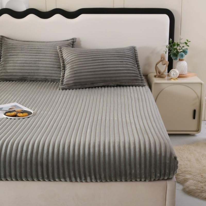 CASA NOVA - Draps housse polaire 3 pièces à rayures 200x160cm Gris 4