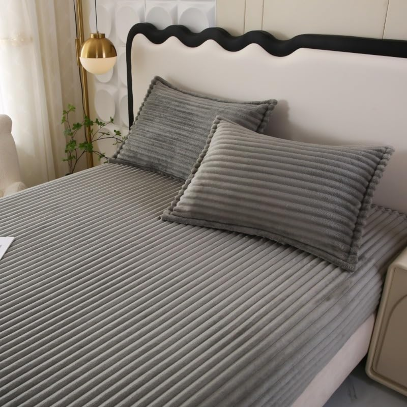 CASA NOVA - Draps housse polaire 3 pièces à rayures 200x160cm Gris 6