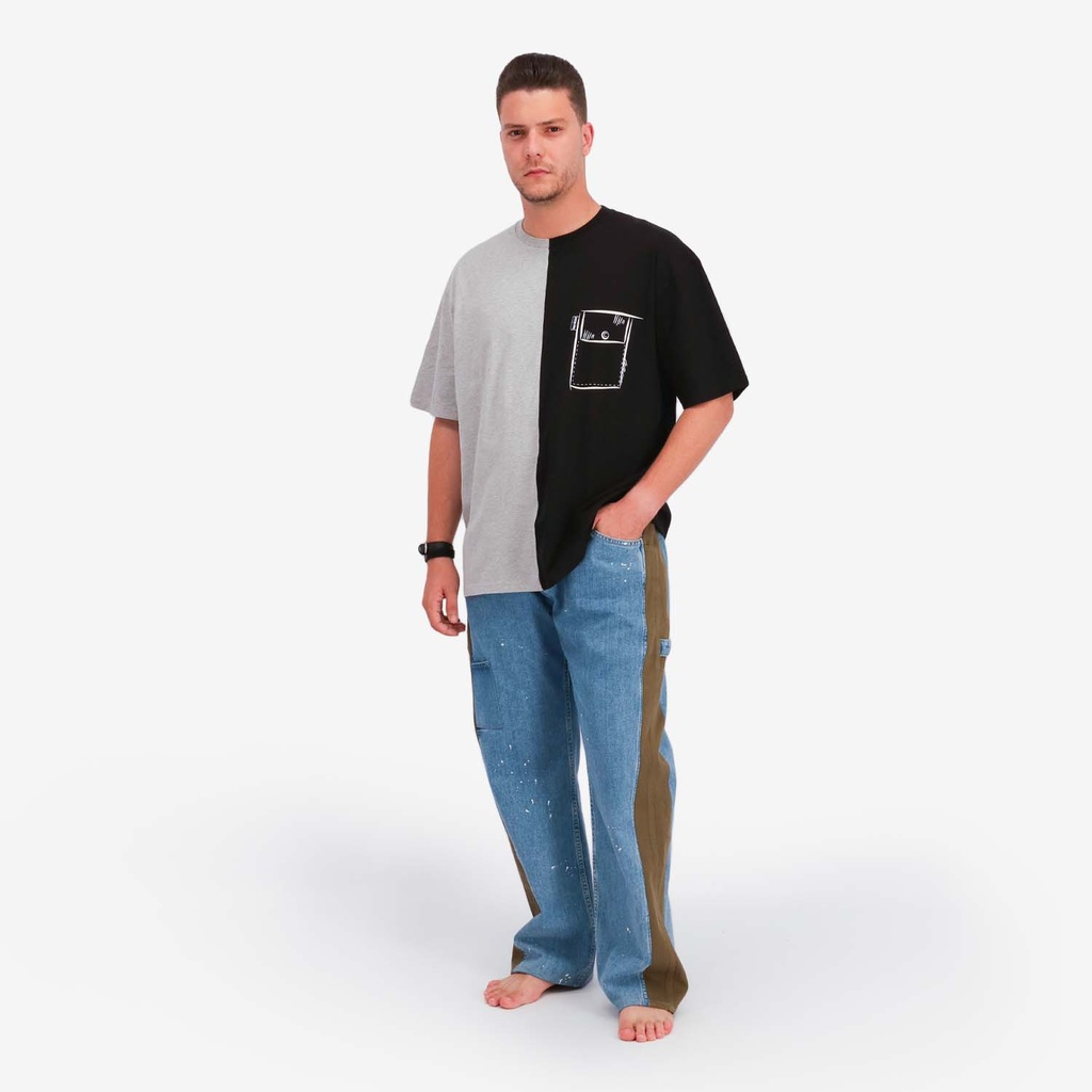 Kontakt – Upcycling t-shirt oversized homme manches courtes CROQUIS POCHE – Noir & Gris Chiné