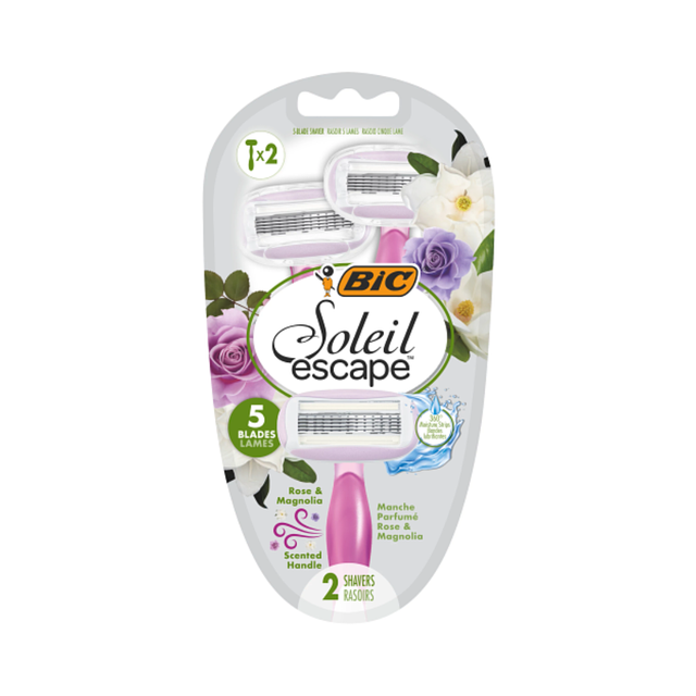 Bic – Soleil Escape Rasoirs Femmes 5 Lames Rose & Magnolia Enrichie En Huile D’Amande Douce Pack De 2