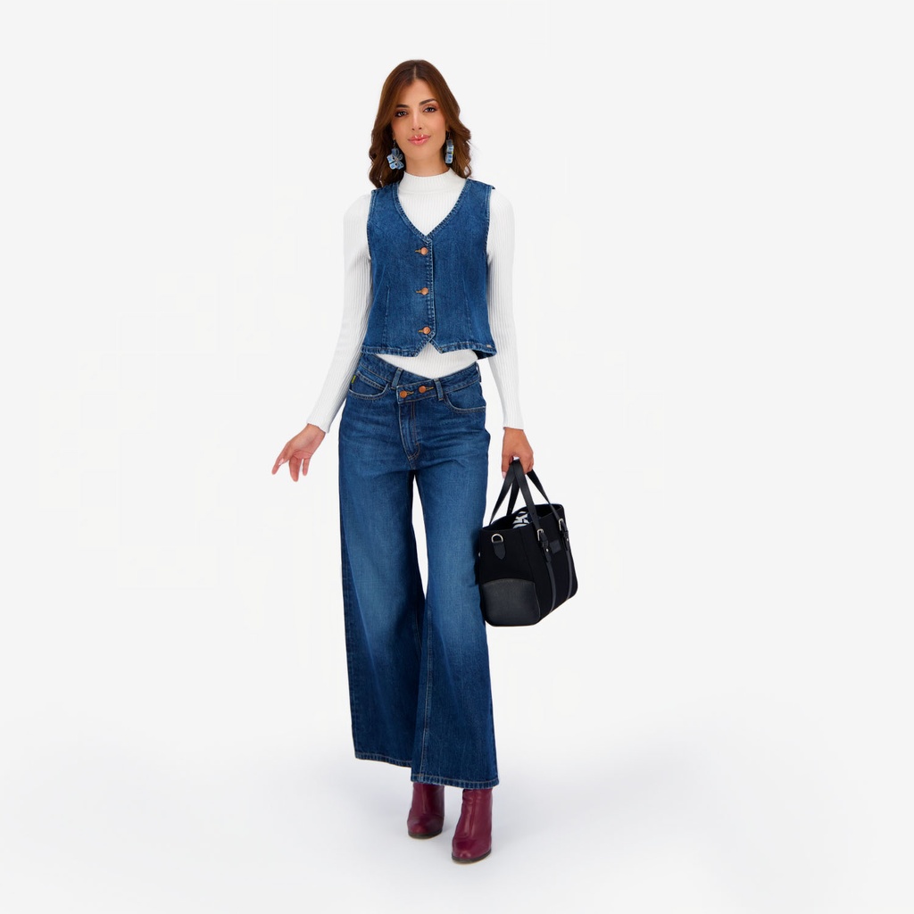 Kontakt – Super Straight jeans femme avec braguette décalé- SARRA 2.0 – Jeans Bleu Moyen