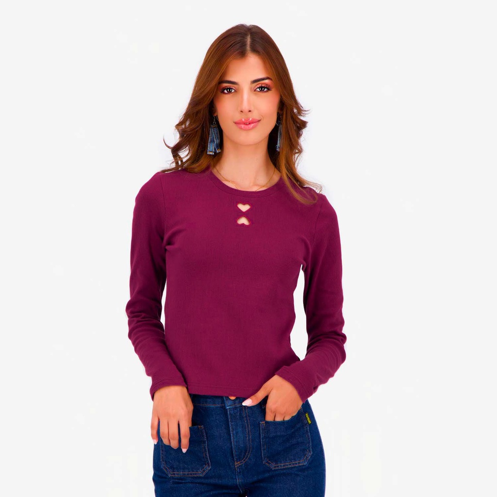 Kontakt – T-shirt côtelé femme manches longues avec cut out Cœur – Rouge Burgundy