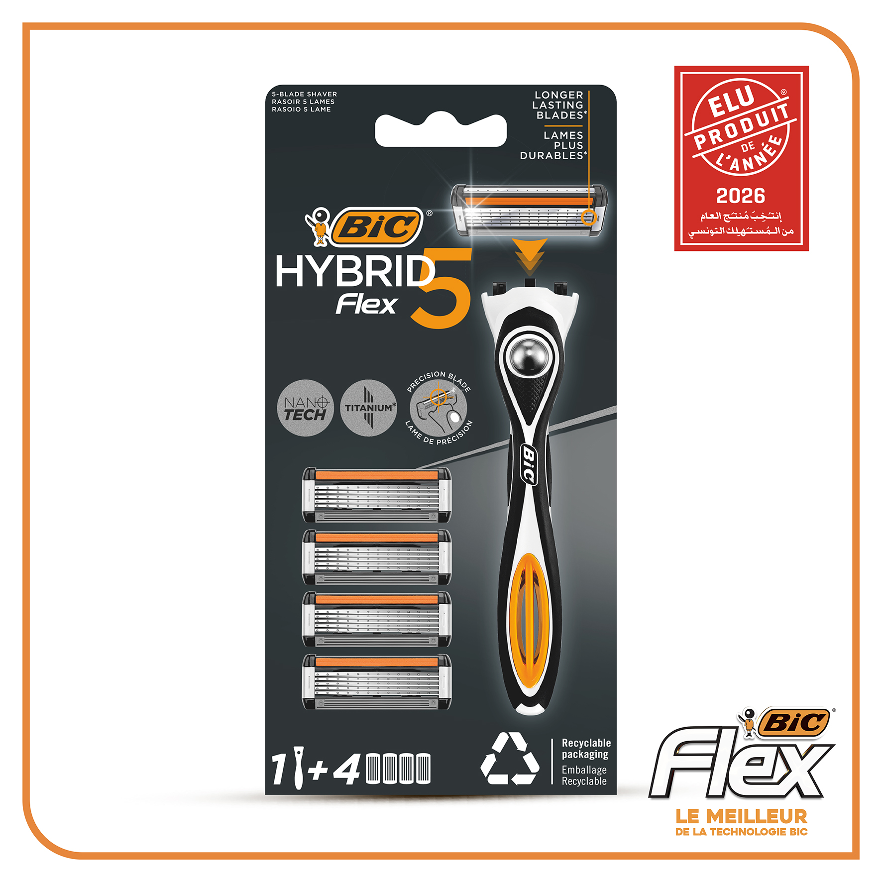 Bic – Hybrid Flex 5 Rasoirs Rechargeables 5 lames pour Homme – Blister composé d’une manche de rasoir + 4 lames de recharge