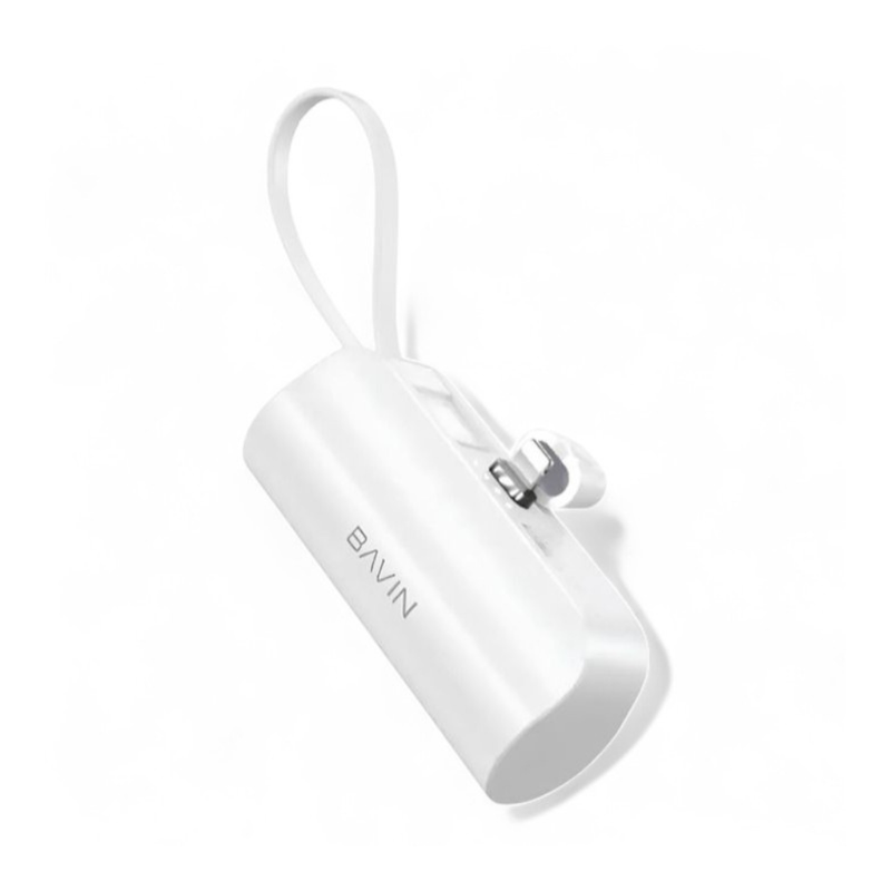 BAVIN – Mini Power Bank 5000mAh Charge Rapide – Port Lightning et câble USB intégré & Support Blanc