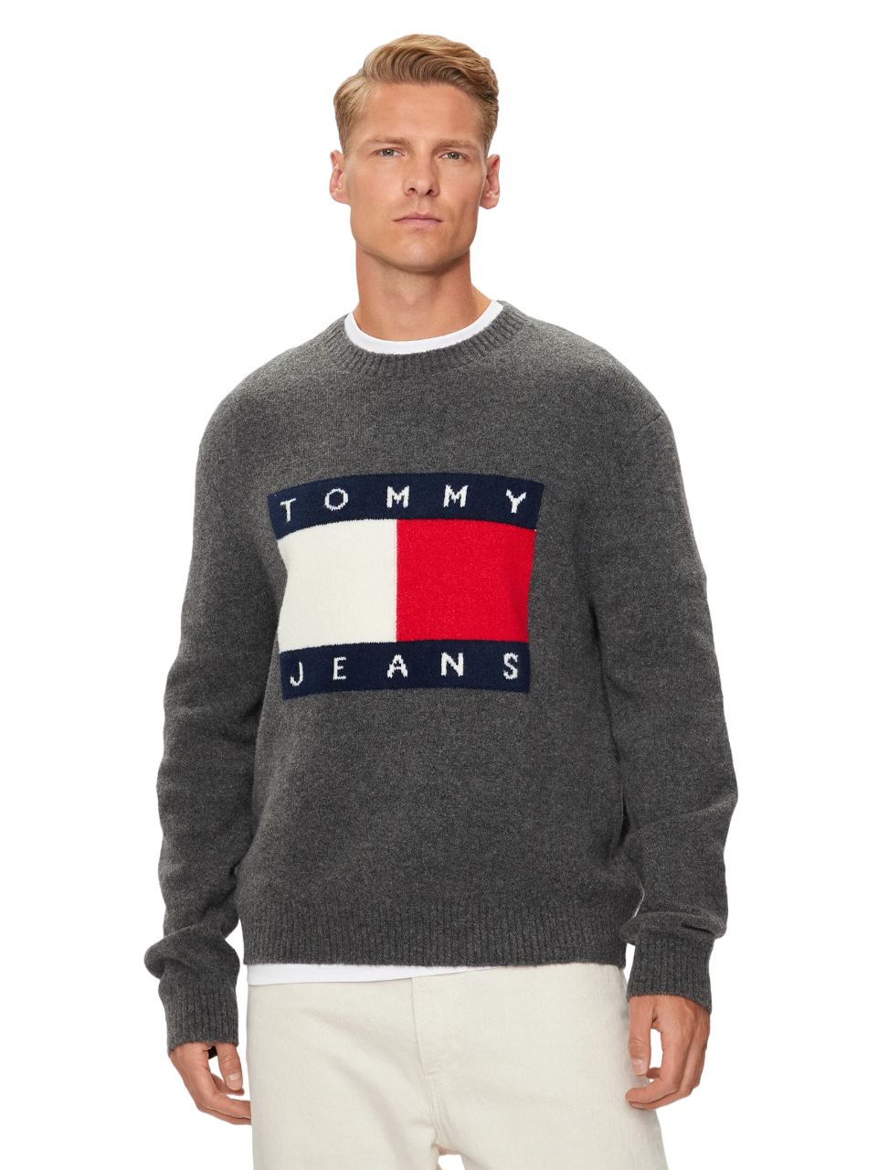 TOMMY JEANS – Pull homme TJM Reg Melange Flag Sweater – Gris