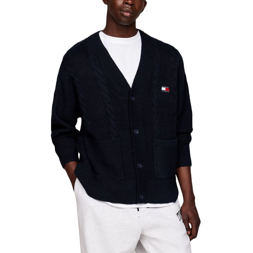 TOMMY JEANS – Gilet à torsades et badge coupe carrée pour homme – Noir