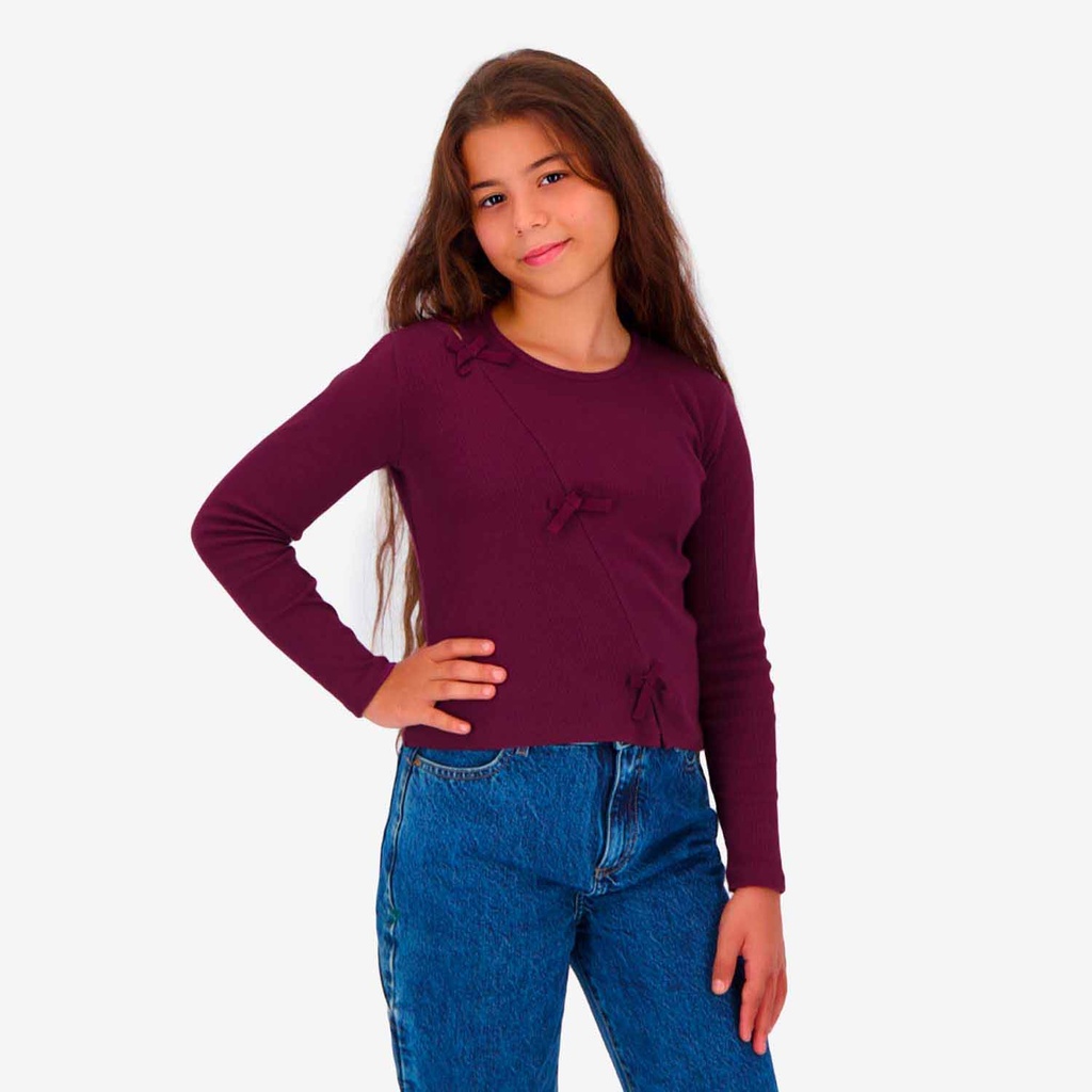 Kontakt – T-shirt côtelé fille manches longues avec nœuds – Rouge Burgundy