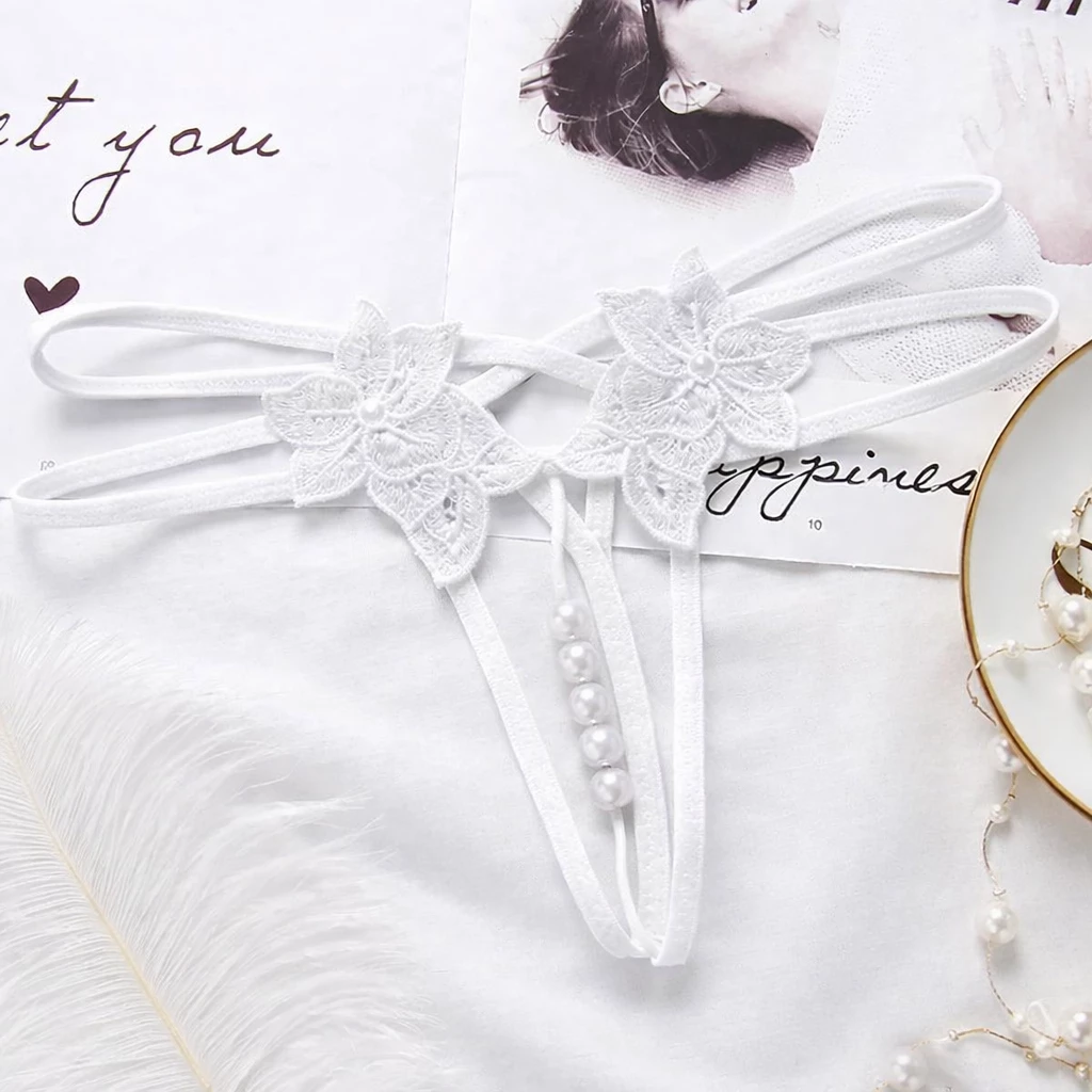 Butterfly Intimates – String Ouvert À Perles Fleurs Brodées Blanc