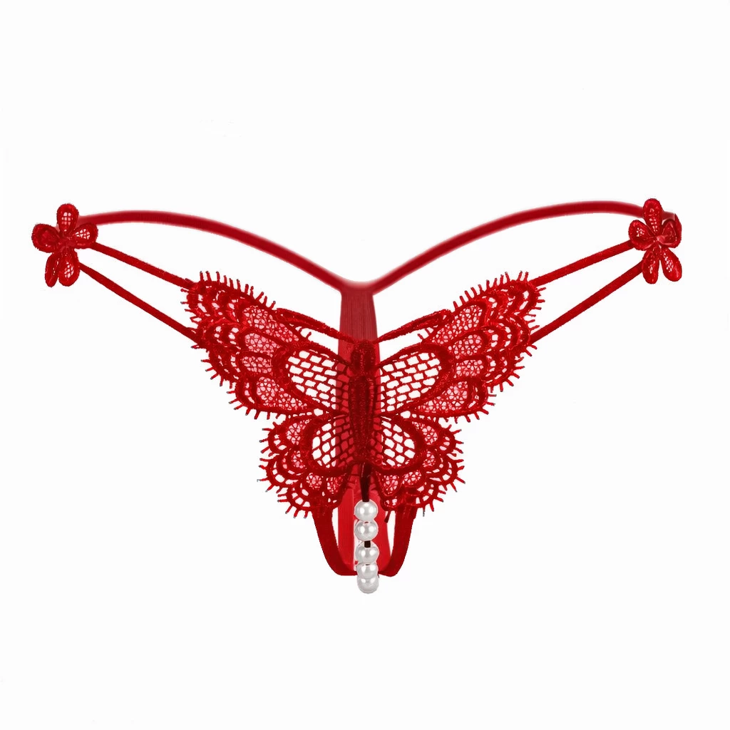 Butterfly Intimates – String Papillon En Dentelle Avec Perles Rouge