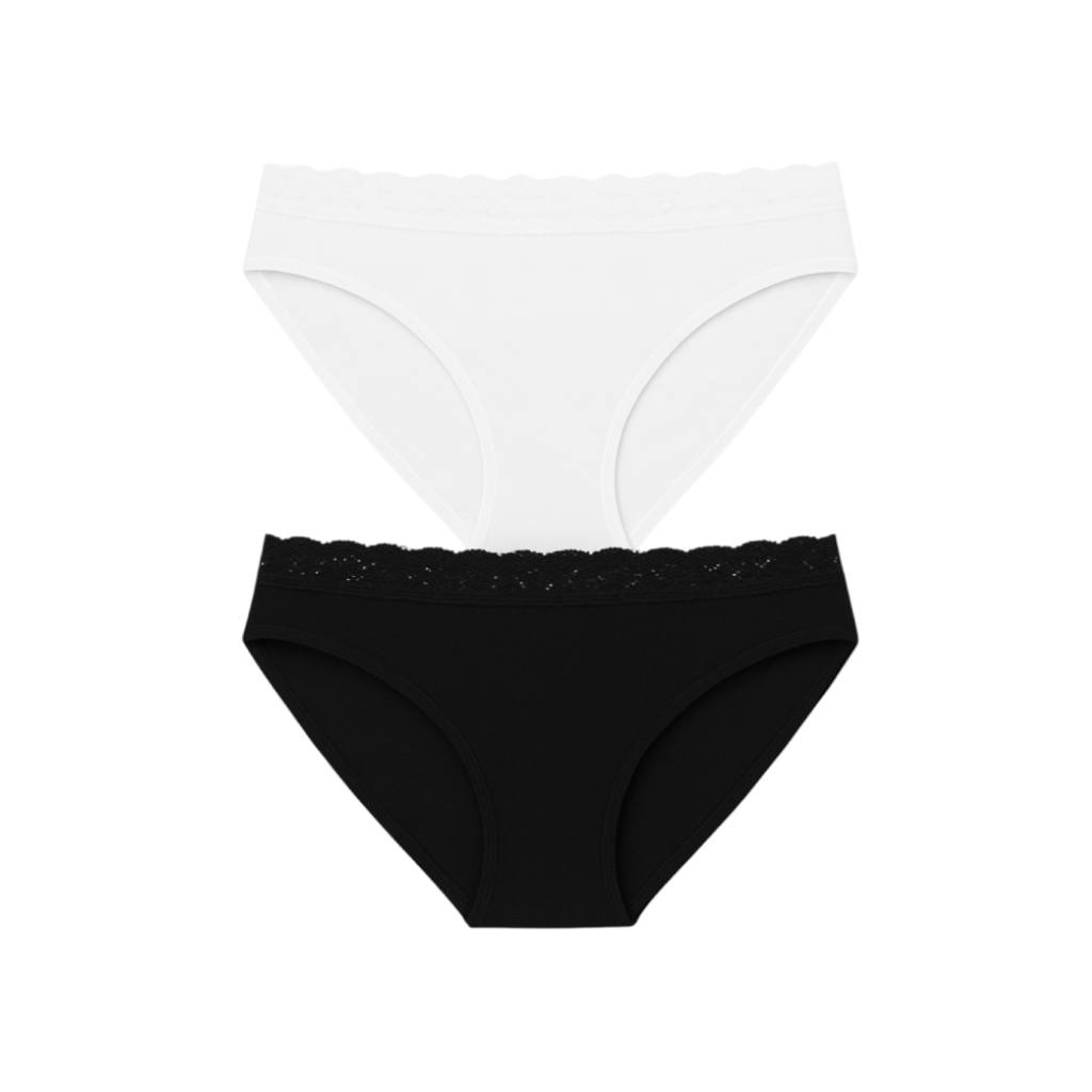 Kontakt – Lot de 2 Slips taille haute femme bords dentelle en coton stretch – Noir/Blanc