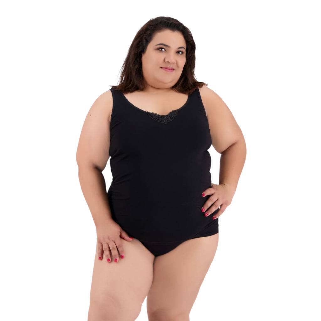 Kontakt – Débardeur femme grande taille en coton pur détail dentelle – Noir