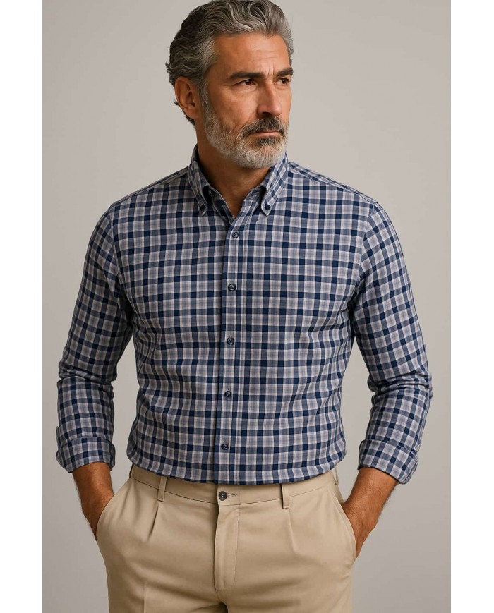 Angelo Ricci – Chemise homme en coton italien, col boutonné et coupe regular fit – Bleu Gris a Carreaux