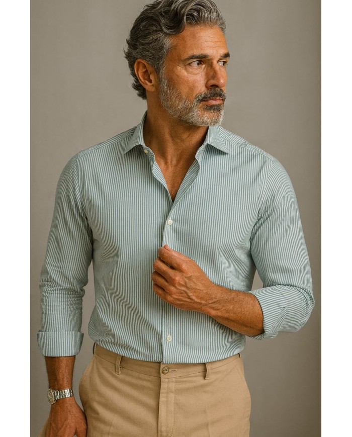 Angelo Ricci – Chemise homme en popeline italienne, coupe regular fit – Vert Rayé