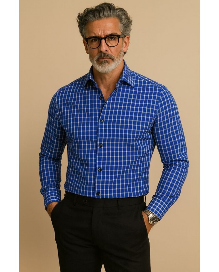 Angelo Ricci – Chemise Homme en popeline italienne, coupe regular fit – Bleu Foncé a Carreaux