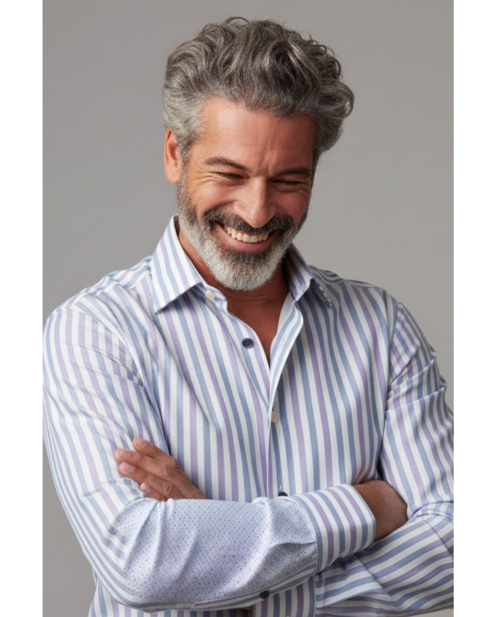 Angelo Ricci – Chemise Homme en twill italien, coupe regular fit – Mauve Vert Rayures