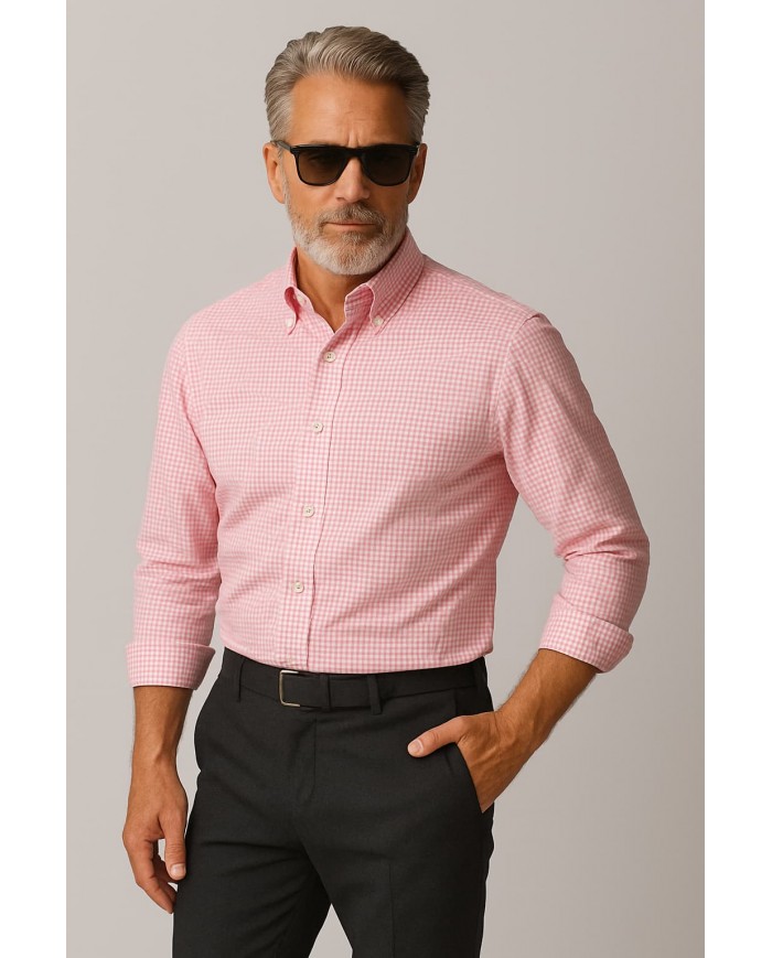 Angelo Ricci – Chemise Homme Angelo Ricci Regular Fit en Popeline Motif Vichy – Rose et Blanc - Vichy