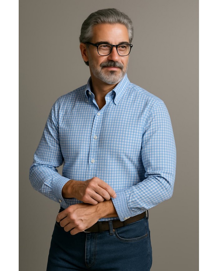 Angelo Ricci – Chemise Homme Angelo Ricci Regular Fit en Popeline à Carreaux Vichy – Bleu Ciel et Blanc - Vichy