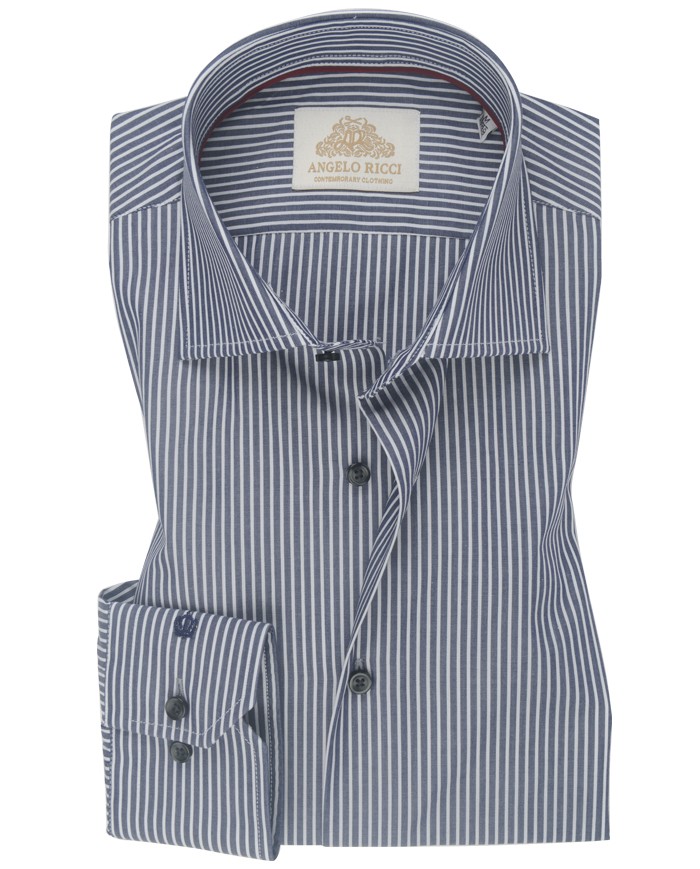 Angelo Ricci – Chemise Homme Angelo Ricci Regular Fit en Popeline Rayée – Bleu Marine et Blanc