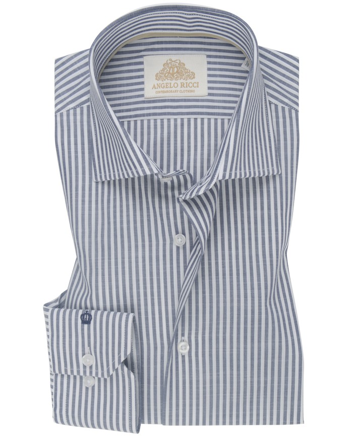 Angelo Ricci -Chemise Homme Angelo Ricci Regular Fit en Popeline Rayée – Bleu Acier et Blanc